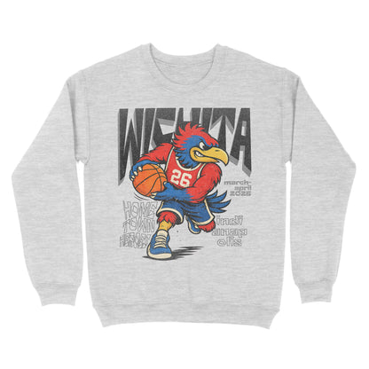 Gray sweatshirt with a colorful graphic of a mascot holding a basketball on a white background