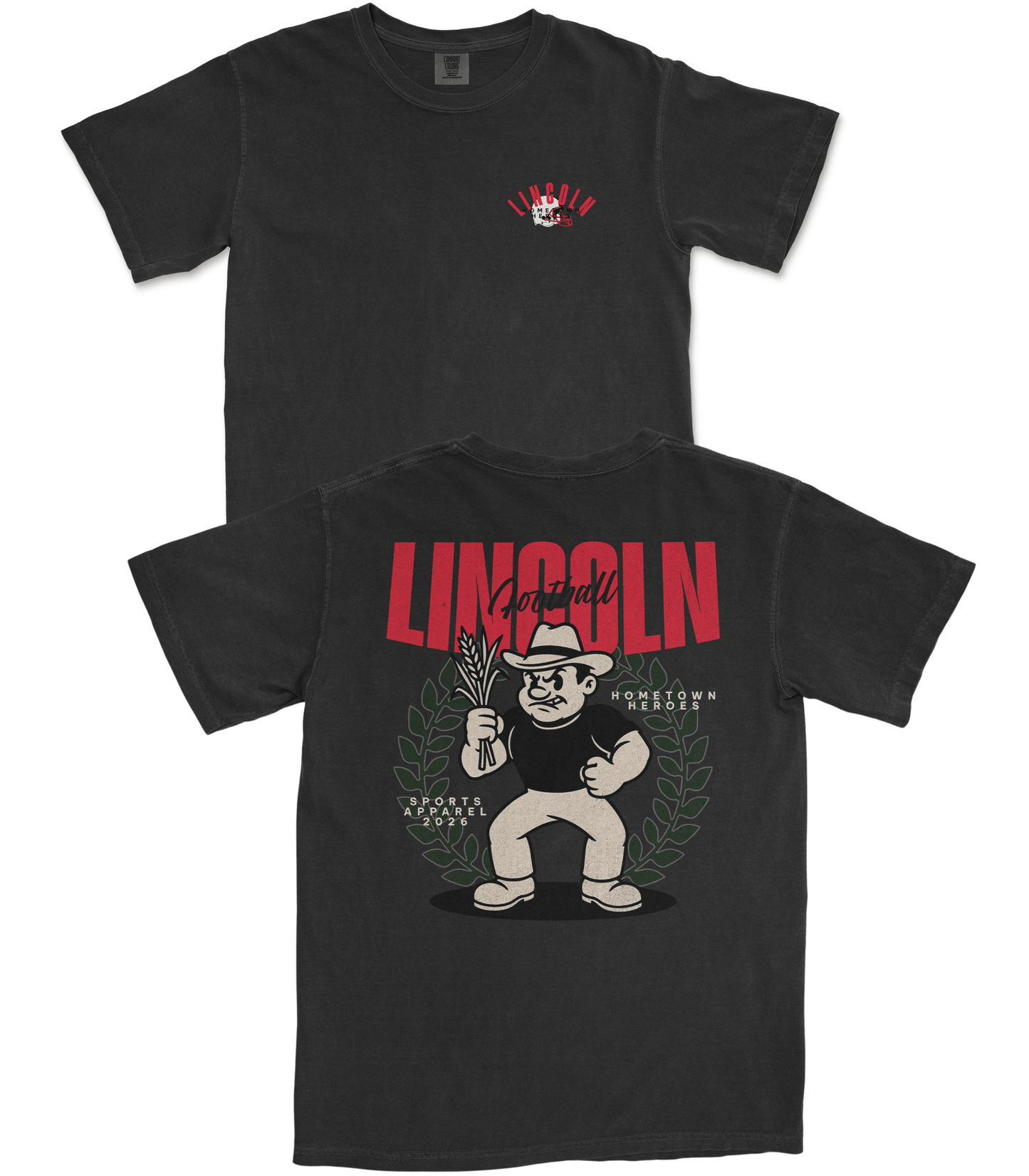 Black t-shirt with cartoon bear design and 'LINCOLN' text on a white background