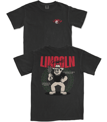 Black t-shirt with cartoon bear design and 'LINCOLN' text on a white background