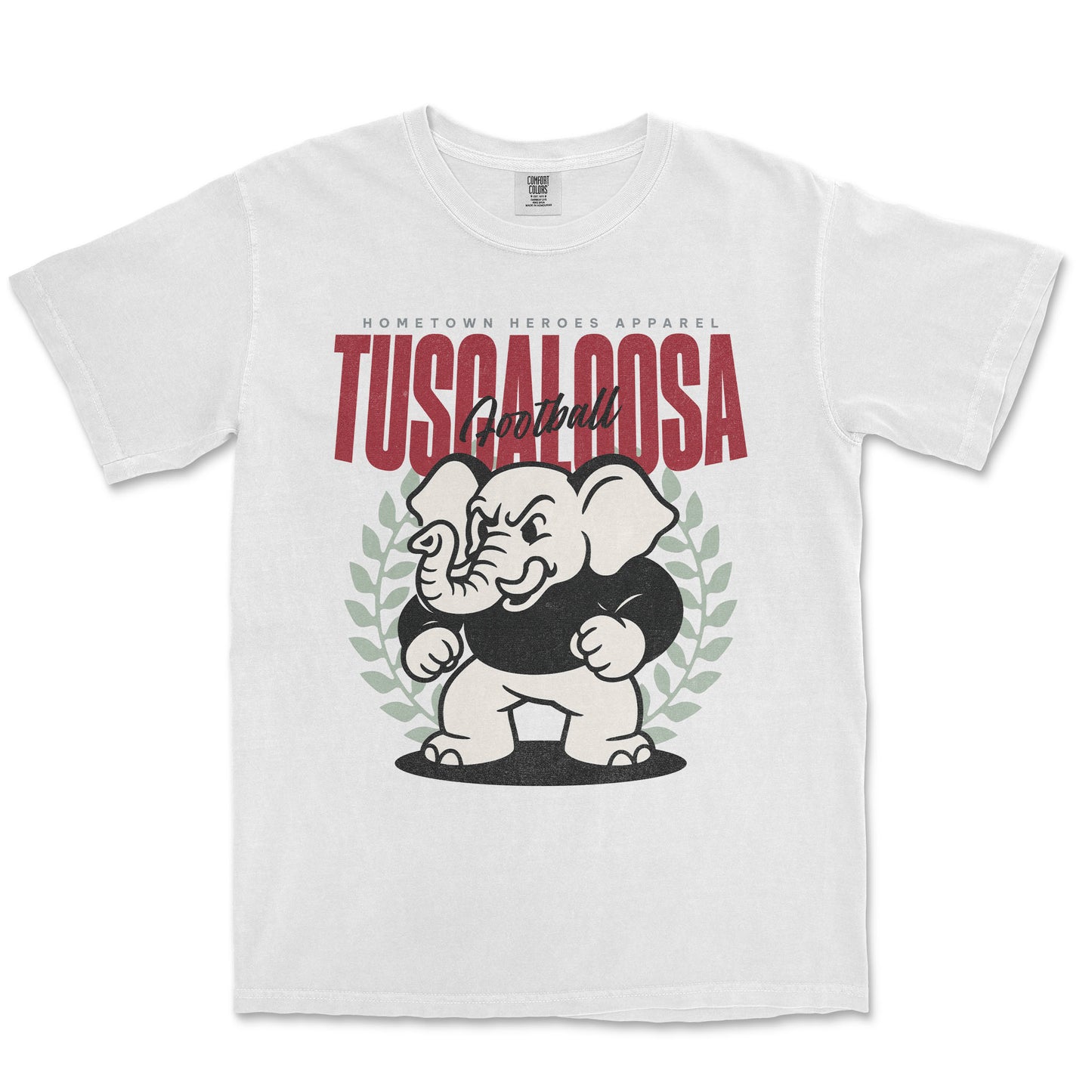 White t-shirt with an elephant graphic and text on a white background