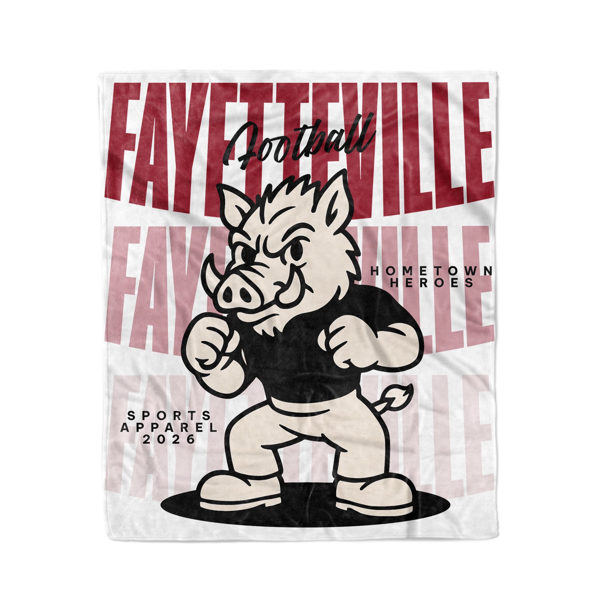 Fleece blanket with a cartoon boar mascot and 'Fayetteville Football' text on a white background