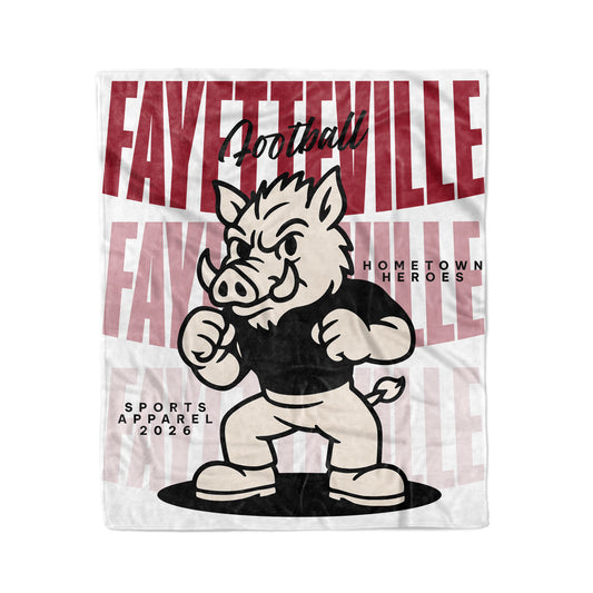 Fleece blanket with a cartoon boar mascot and 'Fayetteville Football' text on a white background