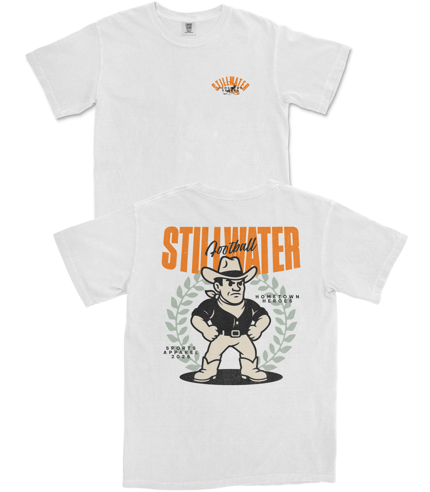 White t-shirt with 'Stillwater' graphic design featuring a cowboy character on a white background