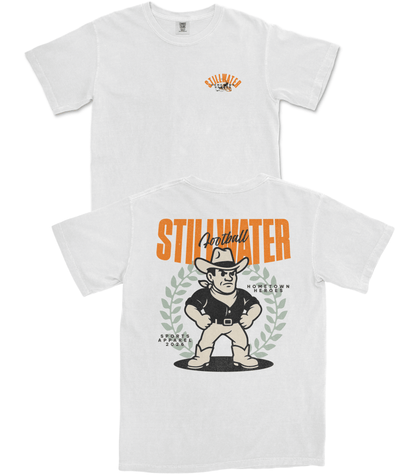 White t-shirt with 'Stillwater' graphic design featuring a cowboy character on a white background