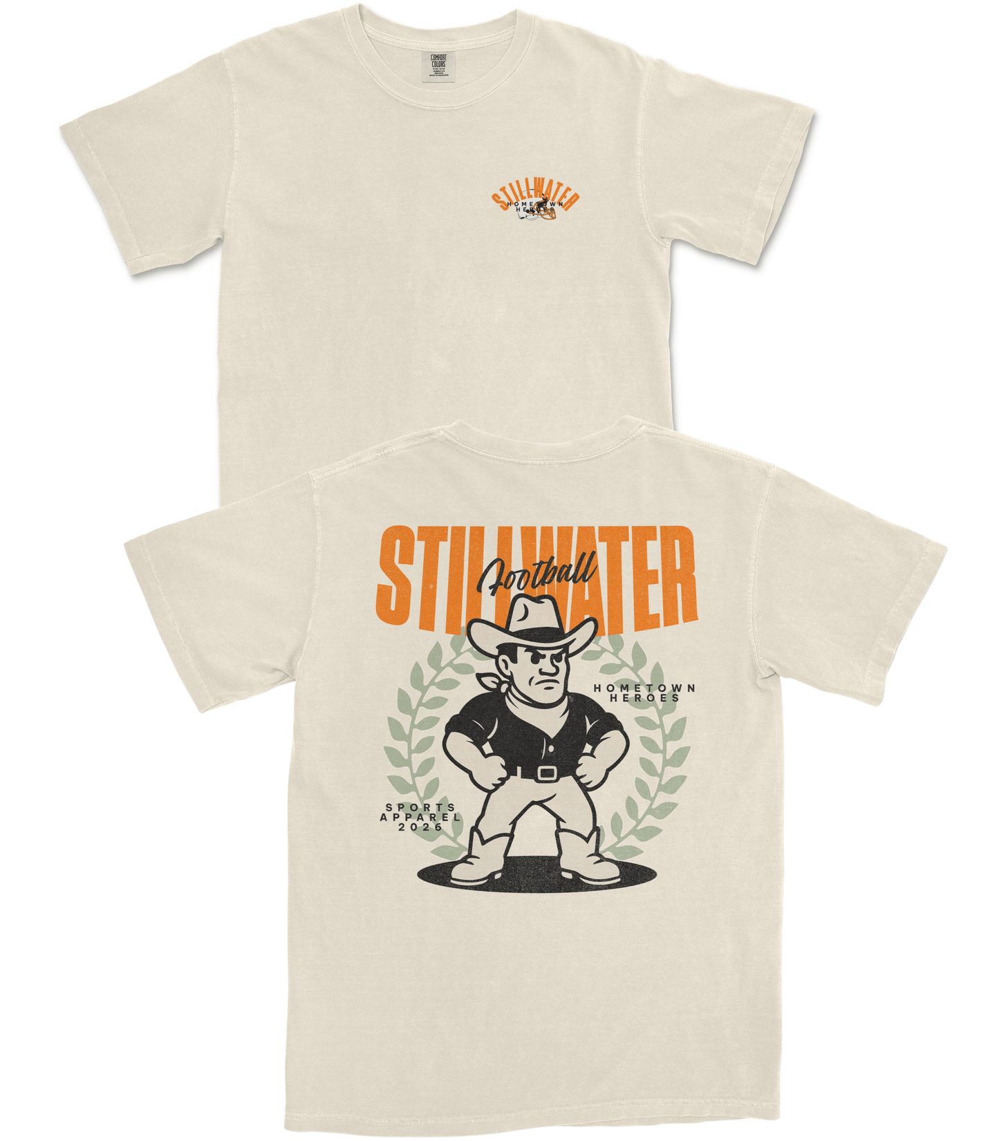 Beige t-shirt with a graphic design of a cowboy and text on a white background