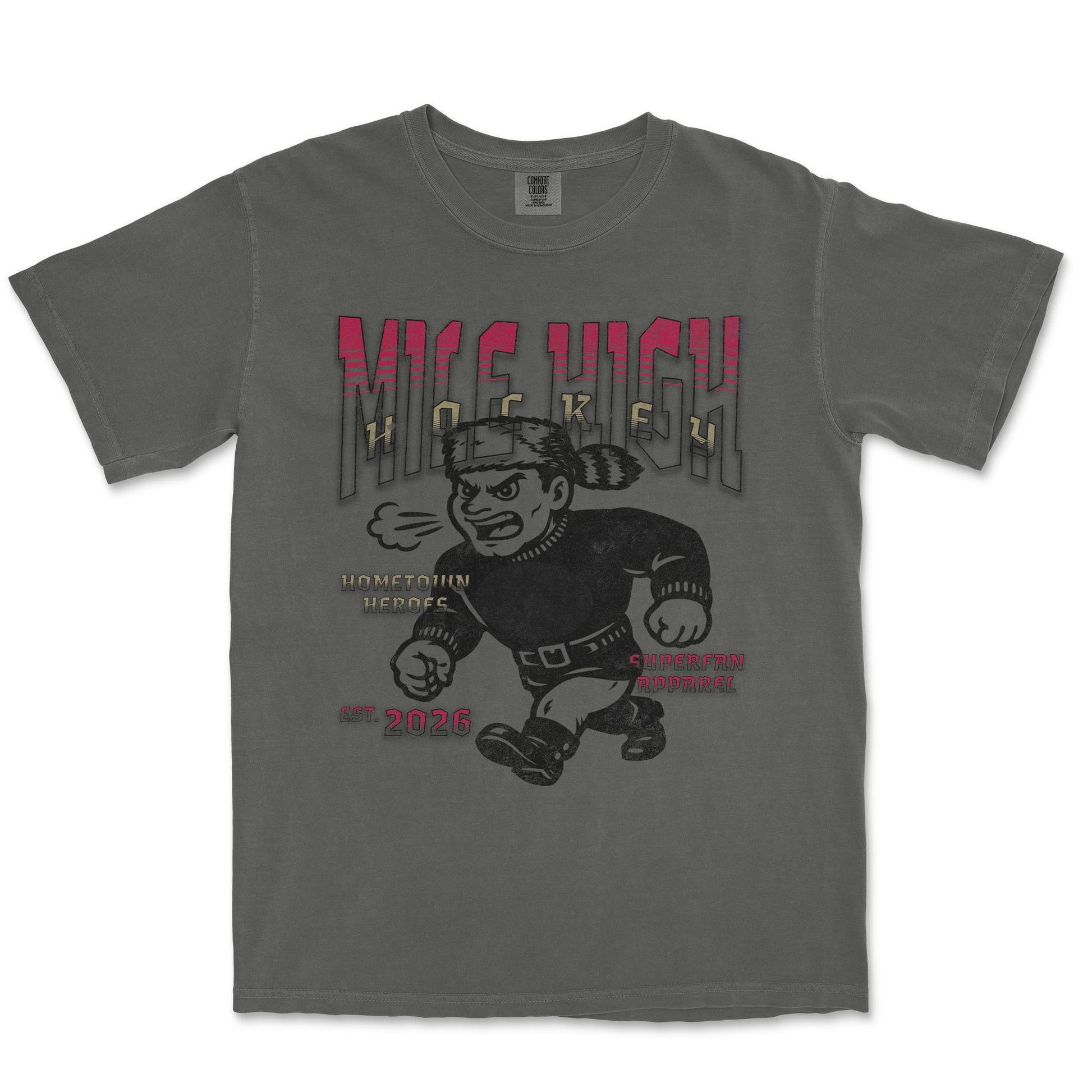 Gray t-shirt with hockey graphic and text on a white background