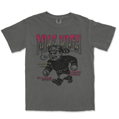 Gray t-shirt with hockey graphic and text on a white background