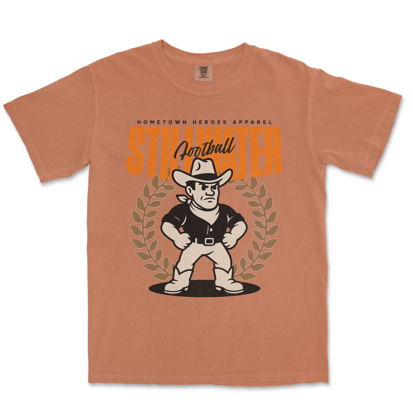 Brown t-shirt with a graphic of a cowboy and text on a white background