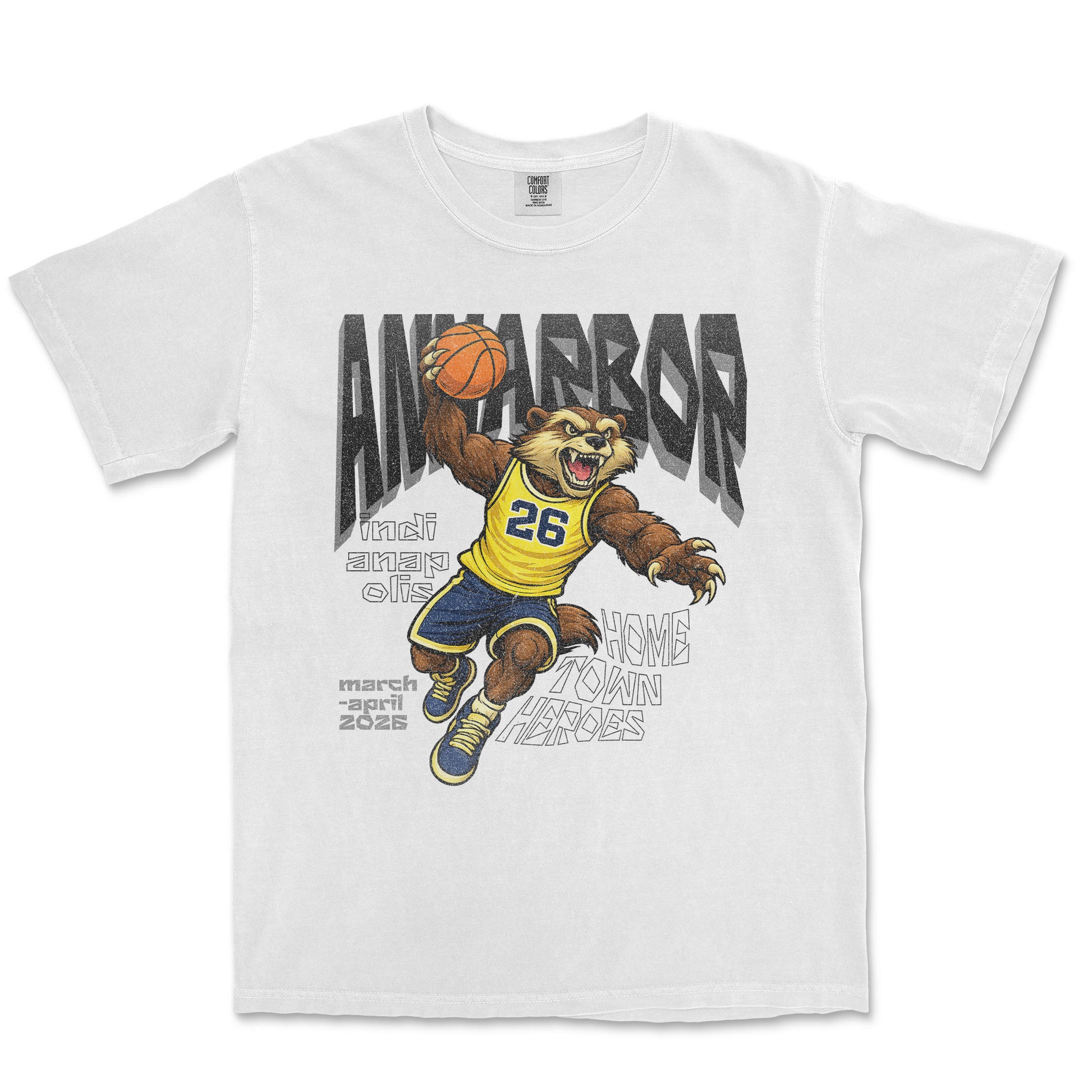 White t-shirt with a bear holding a basketball and 'Ann Arbor' text on a white background