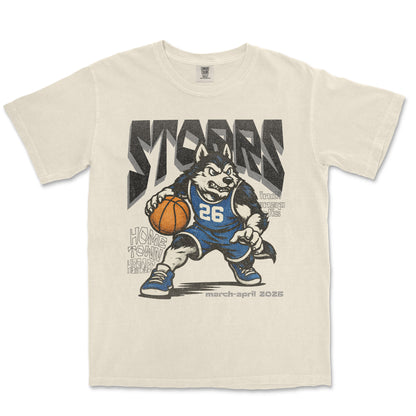 Beige t-shirt with a graphic of a dog holding a basketball and text on a white background