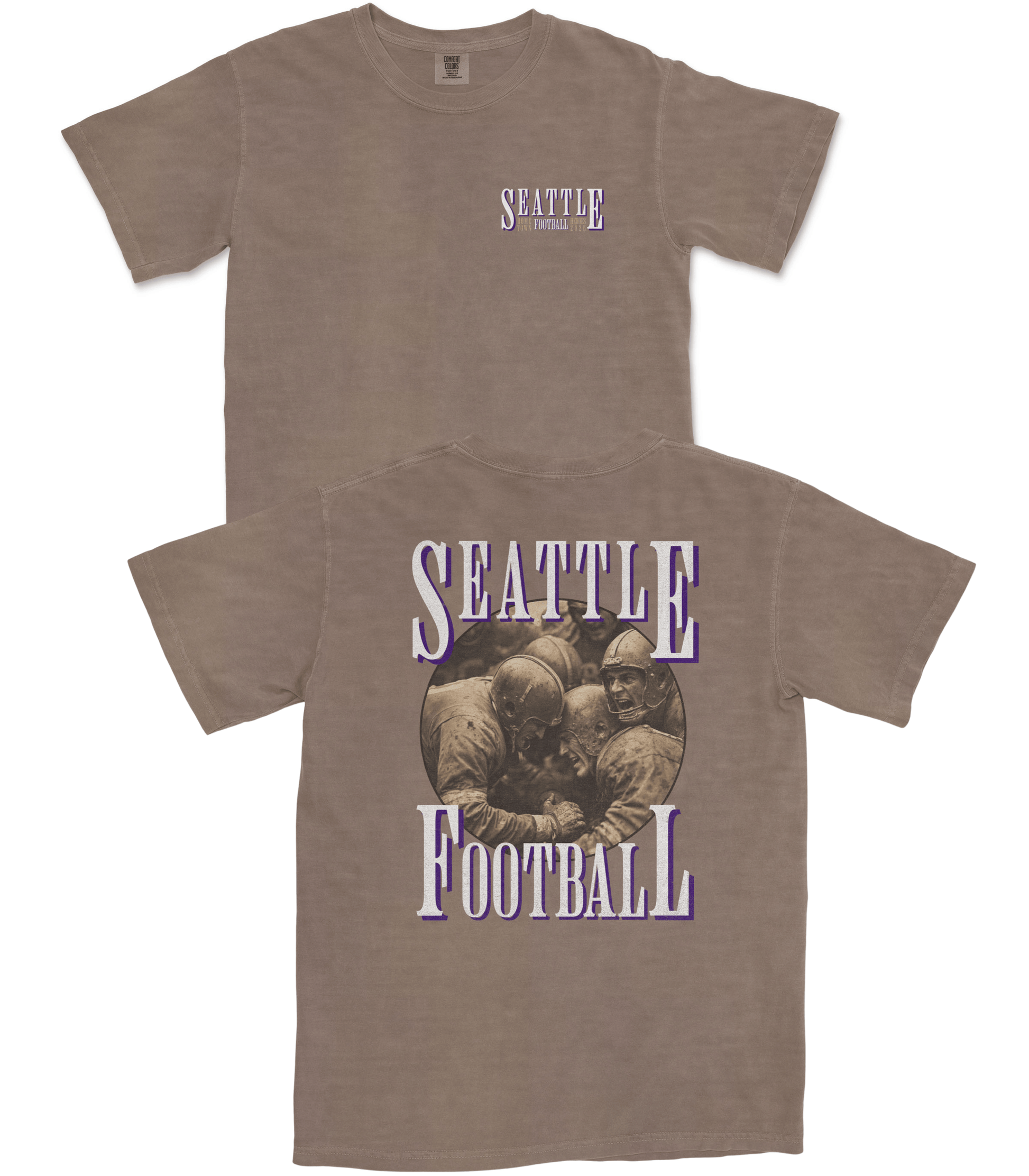 Brown t-shirt with 'Seattle Football' design on a white background