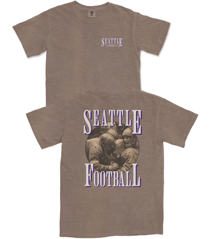 Brown t-shirt with 'Seattle Football' design on a white background