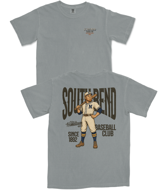 Gray t-shirt with a baseball player graphic and 'Southend Baseball Club' text on a white background