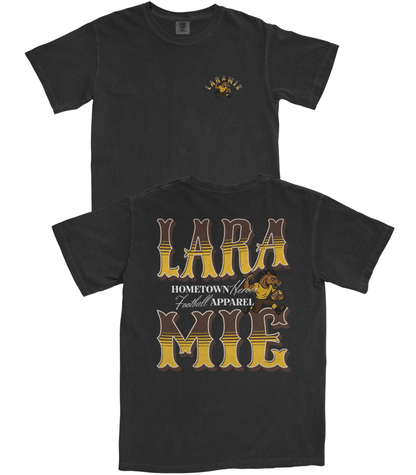 Black t-shirt with 'Lara Mile' text and logo on a white background