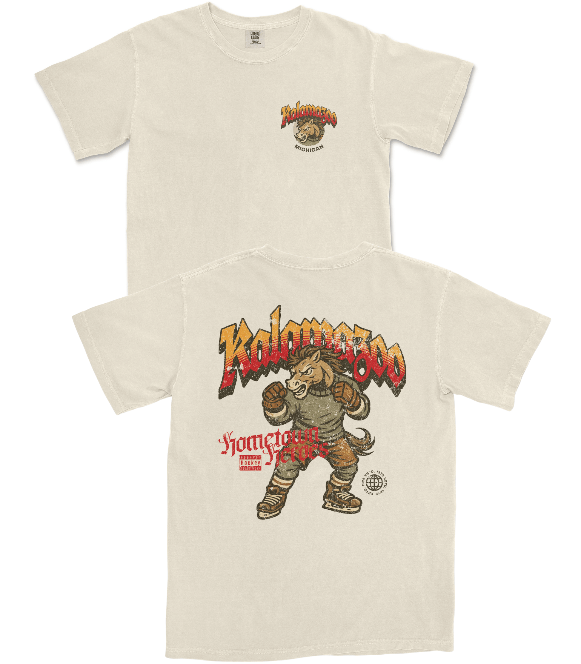Beige t-shirt with a graphic design of a bear and text on a white background