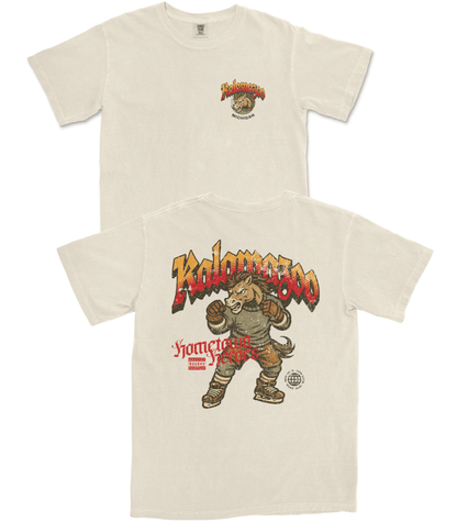 Beige t-shirt with a graphic design of a bear and text on a white background