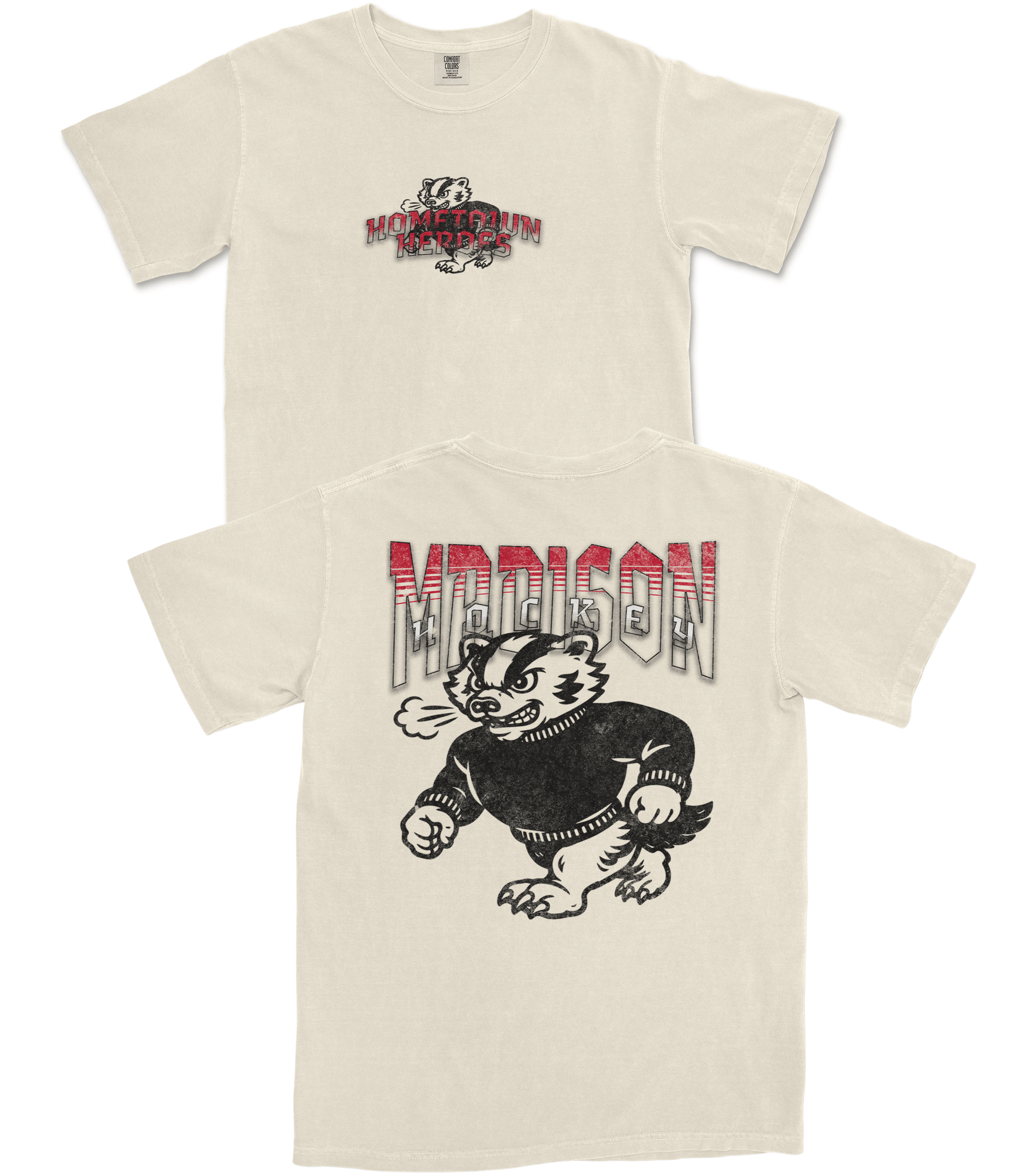 Two cream-colored t-shirts with graphic designs on a white background