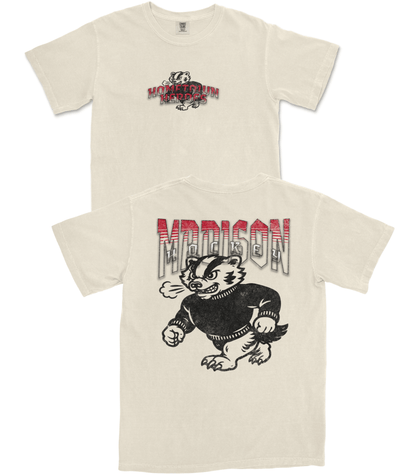 Two cream-colored t-shirts with graphic designs on a white background