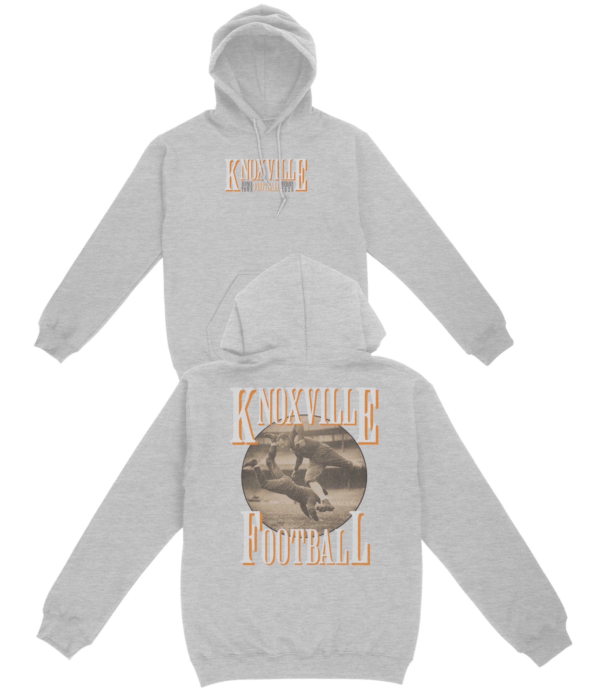 Gray hoodie with 'Knoxville Football' design on a white background