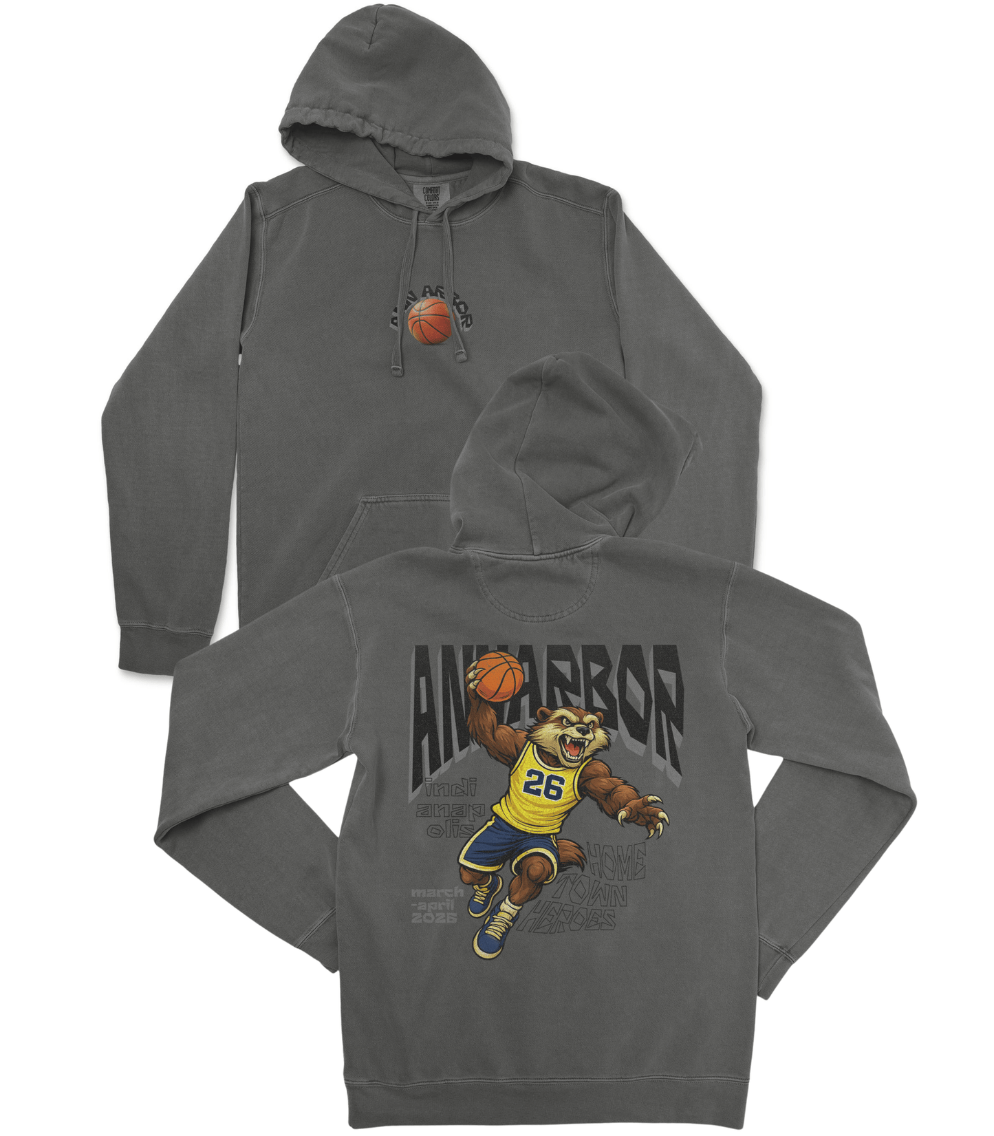 Gray hoodie with bear and basketball design on a white background