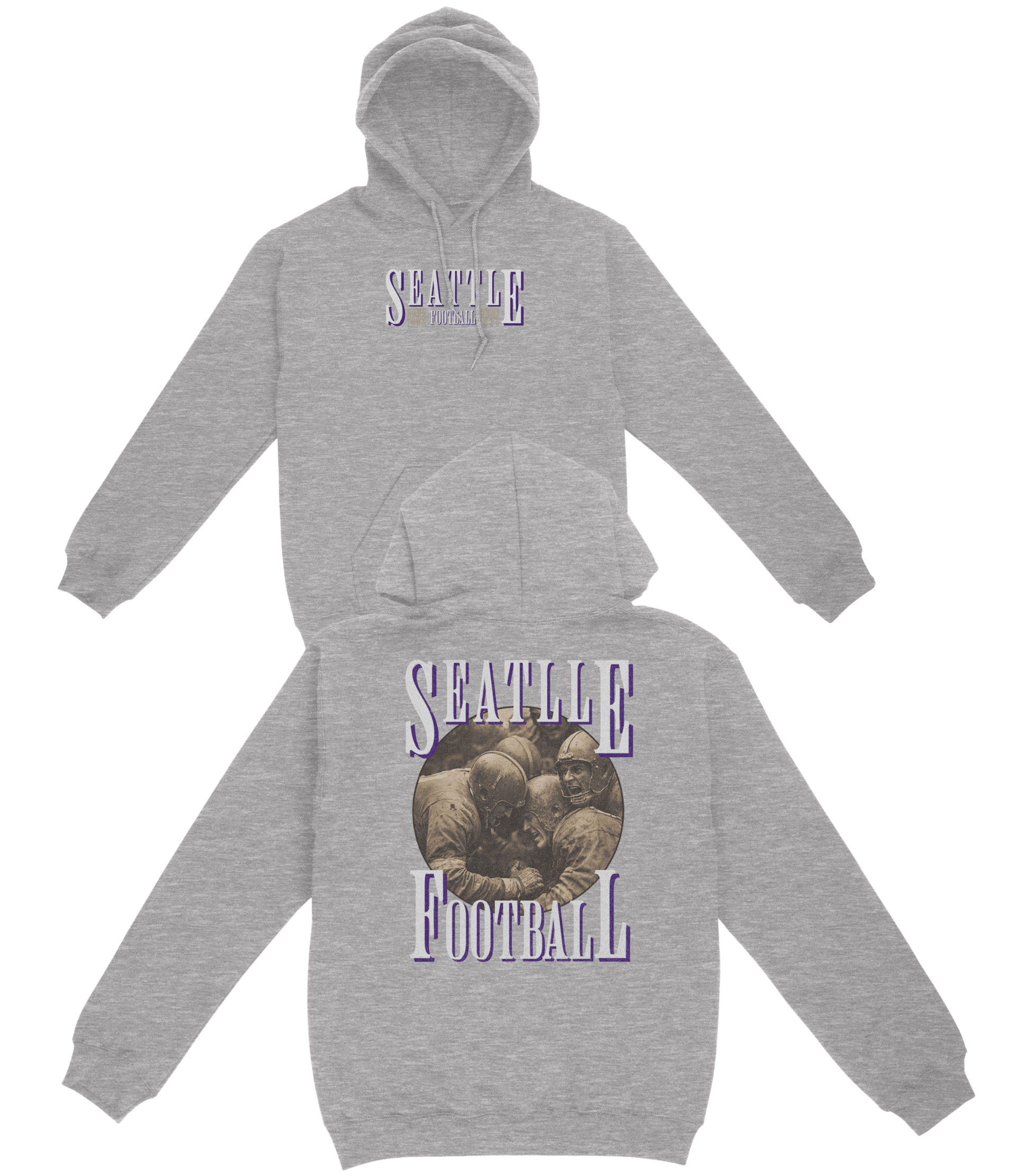 Gray hoodie with 'Seattle Football' text and bear graphic on a white background