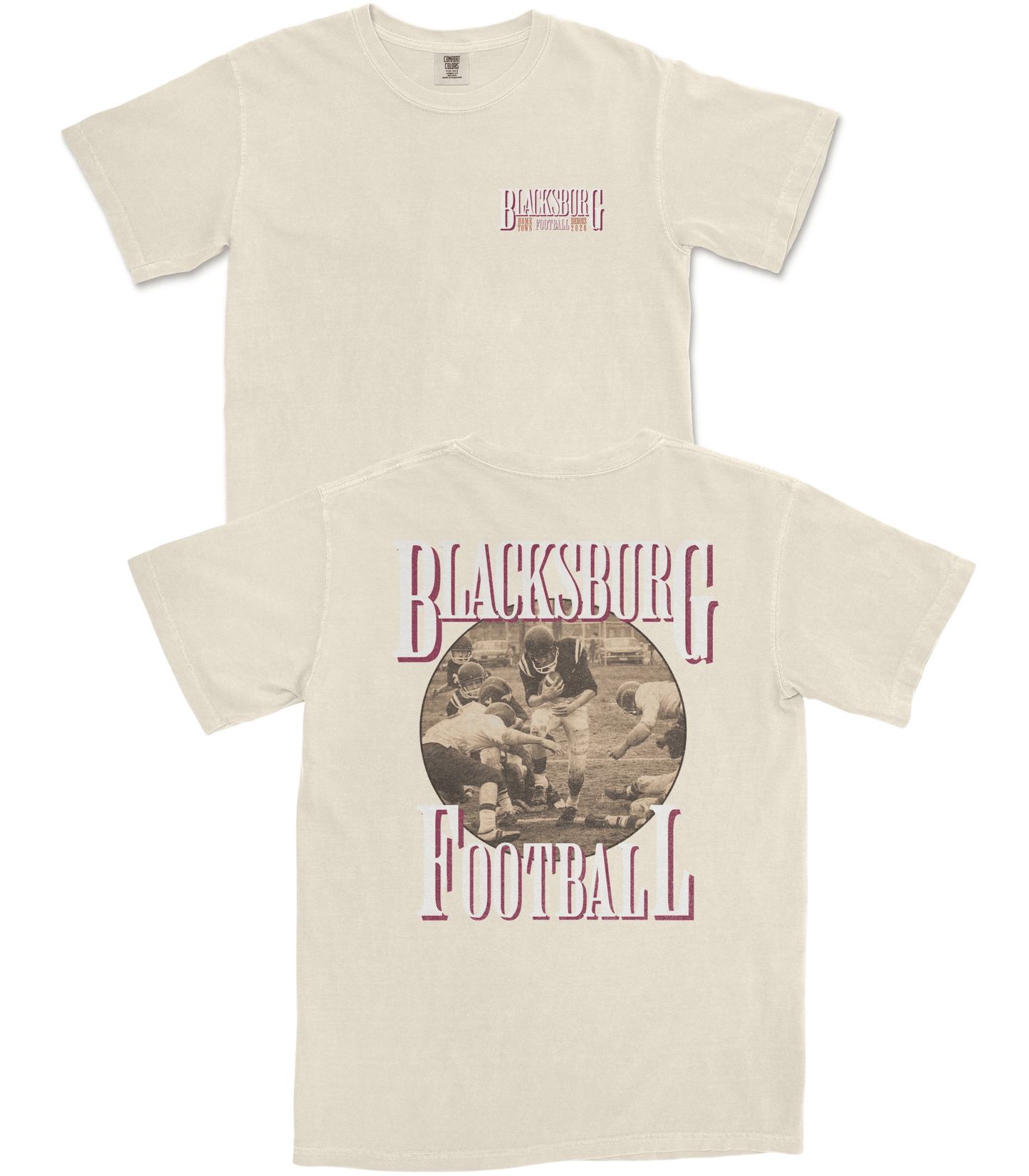 Beige t-shirt with 'Blacksburg Football' graphic on a white background