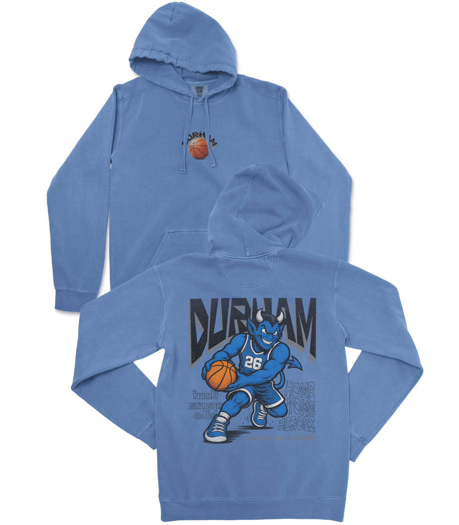 Blue hoodie with 'Durham' graphic on a white background