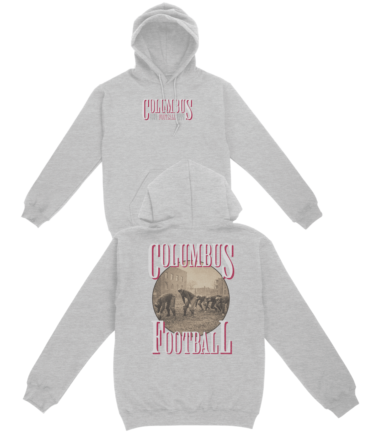 Gray hoodie with 'Columbus Football' design on a white background