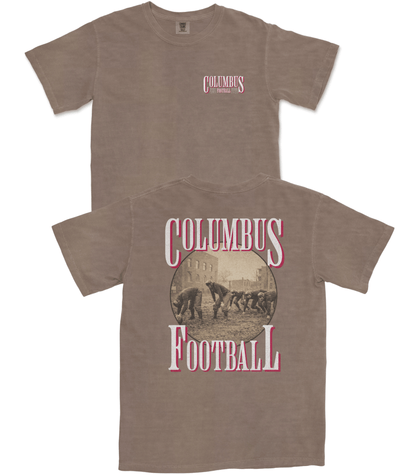 Brown t-shirt with 'Columbus Football' design on a white background