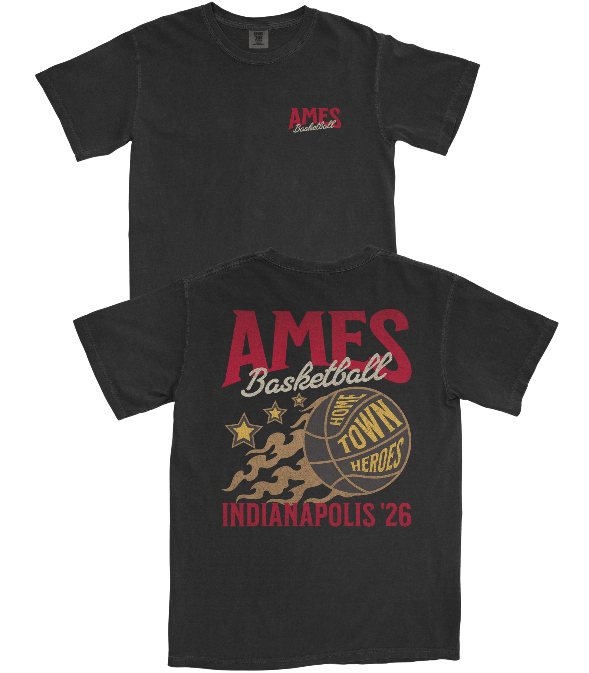 Black t-shirt with 'Ames Basketball' design on a white background