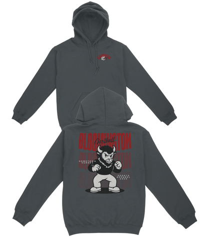 Gray hoodie with a graphic design on the back on a white background