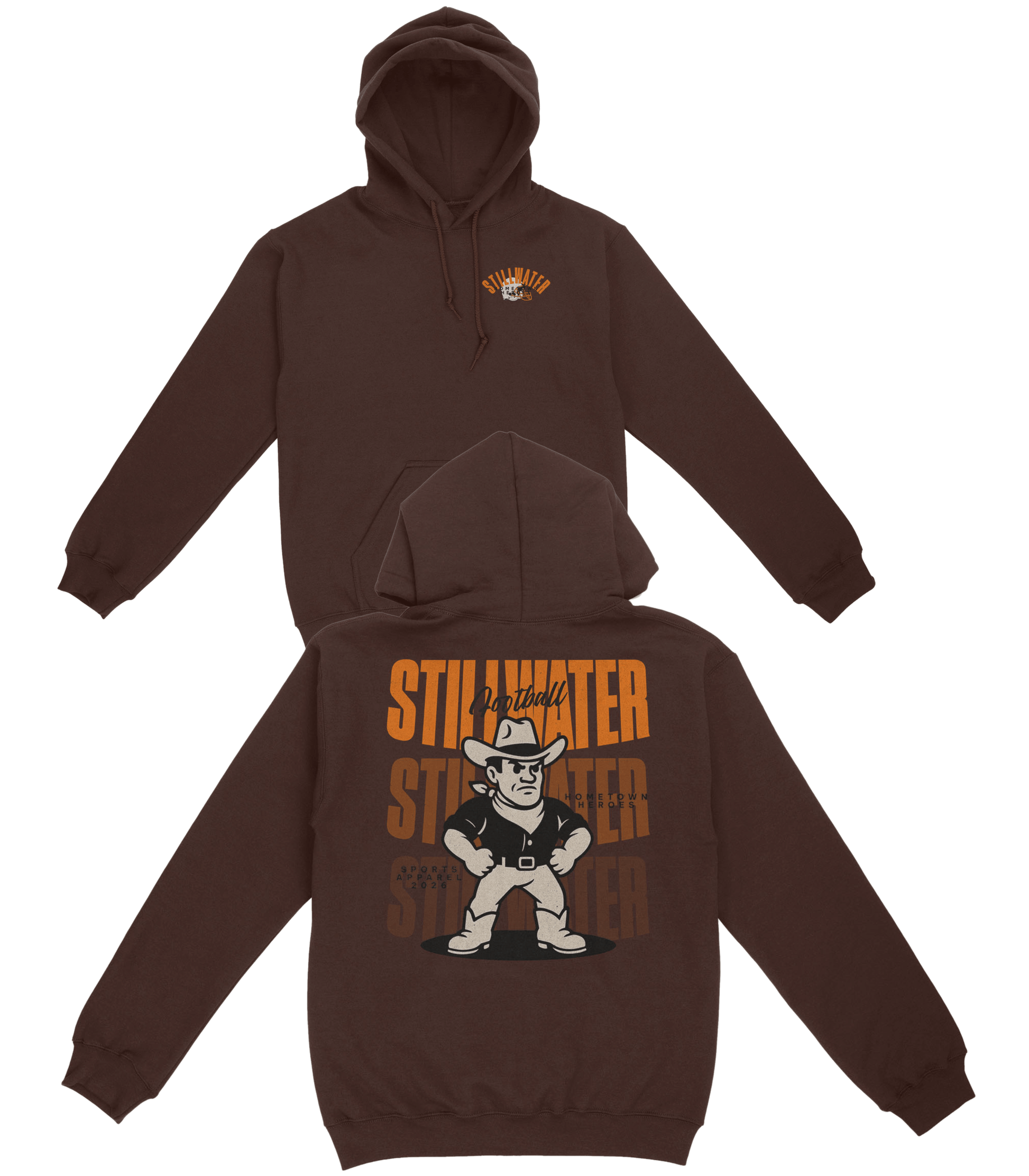 Brown hoodie with graphic design on front and back on a white background