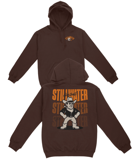 Brown hoodie with graphic design on front and back on a white background