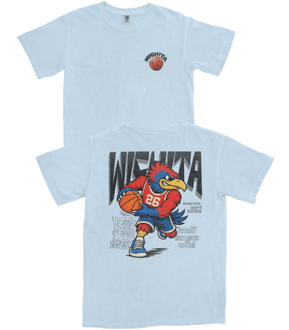 Light blue t-shirt with a cartoon rooster holding a basketball and text on a white background