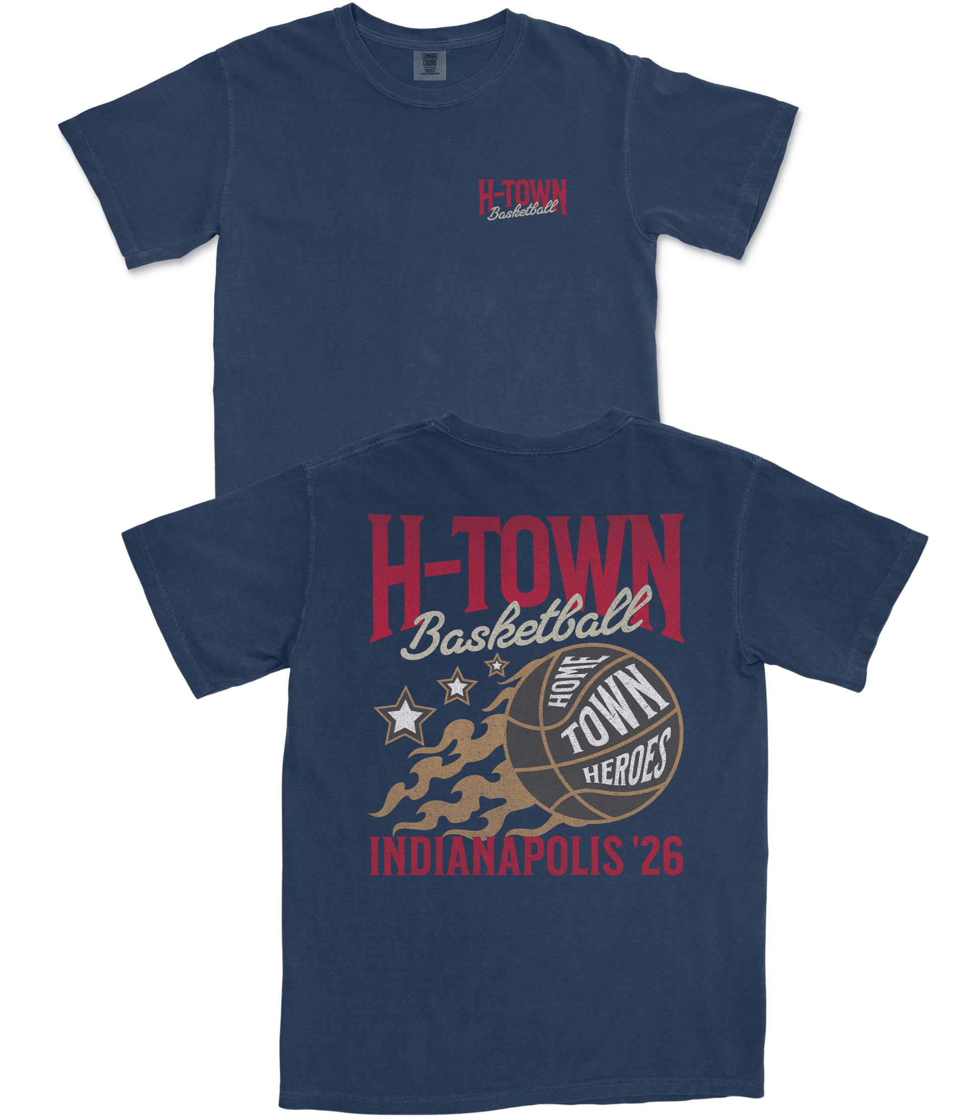 Navy blue t-shirt with 'H-Town Basketball' design on a white background