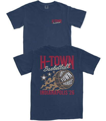 Navy blue t-shirt with 'H-Town Basketball' design on a white background