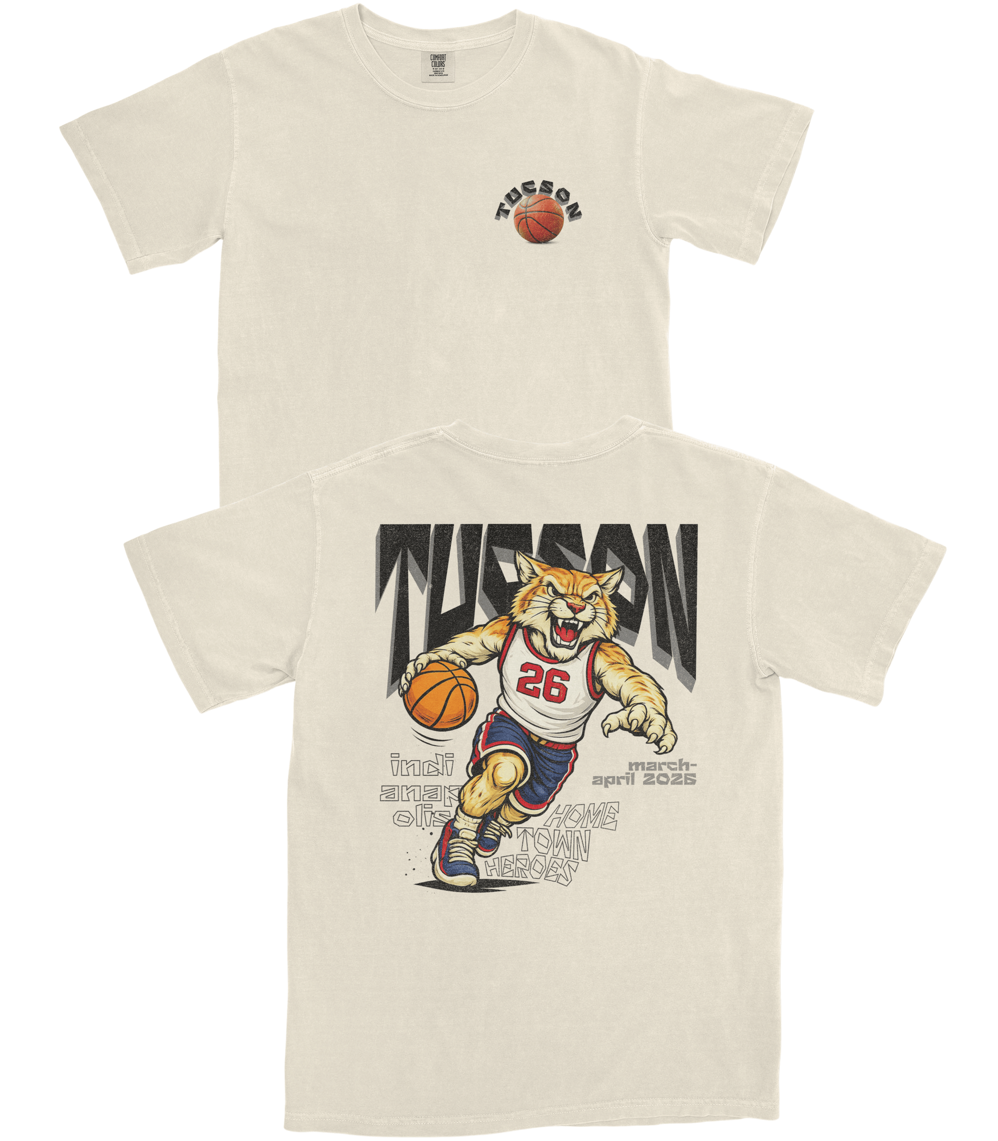 Beige t-shirt with a graphic of a tiger holding a basketball and text on the front and back.