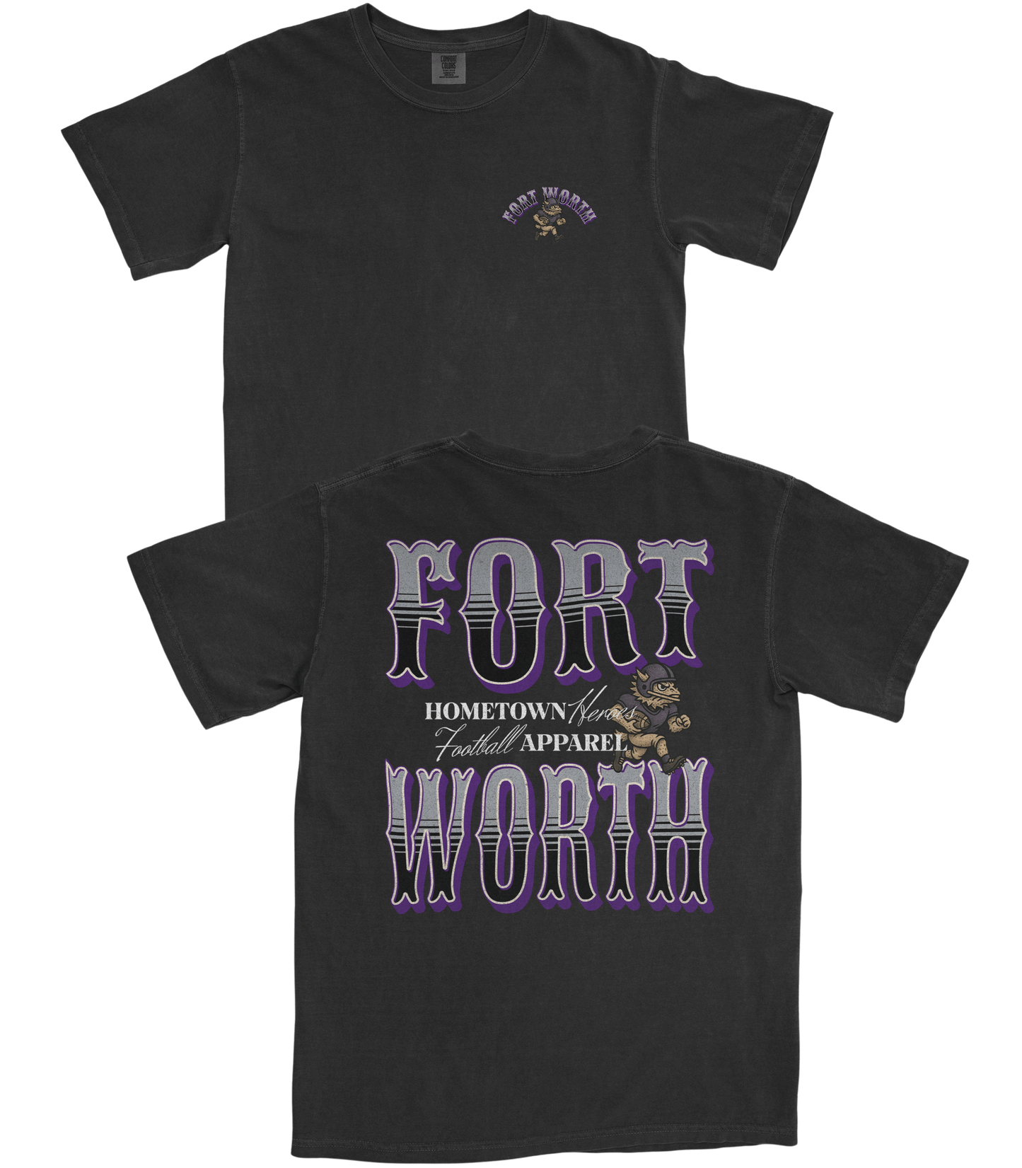Black t-shirt with 'Fort Worth' text and graphics on a white background
