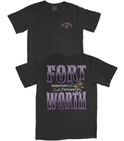 Black t-shirt with 'Fort Worth' text and graphics on a white background