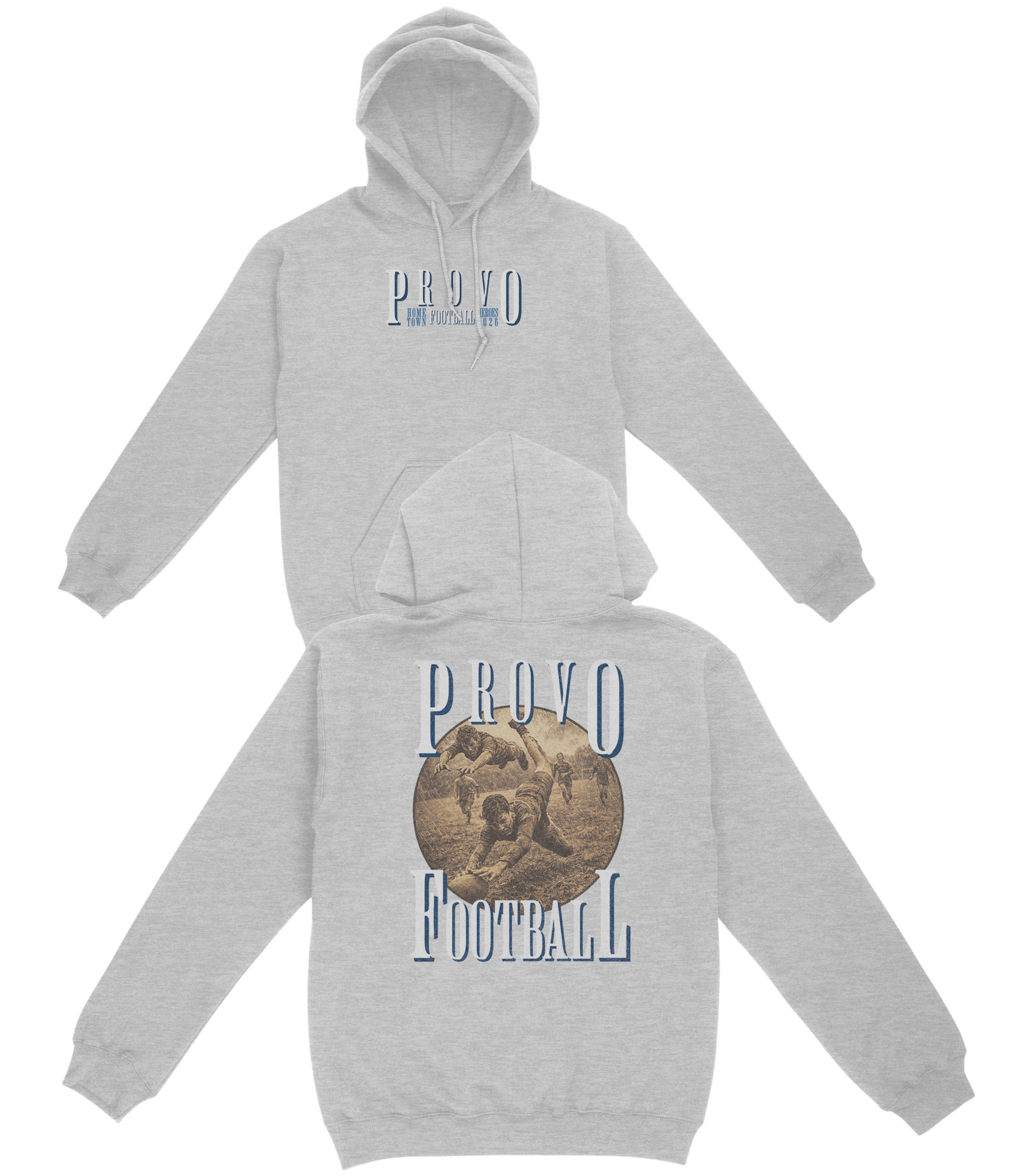 Gray hoodie with 'Provo Football' text and design on a white background