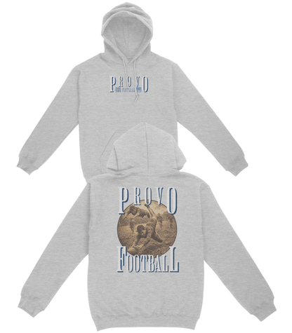 Gray hoodie with 'Provo Football' text and design on a white background