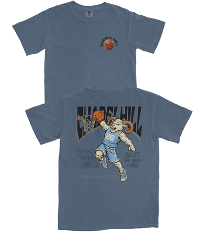 Blue t-shirt with graphic design of a ram playing basketball and text on a white background