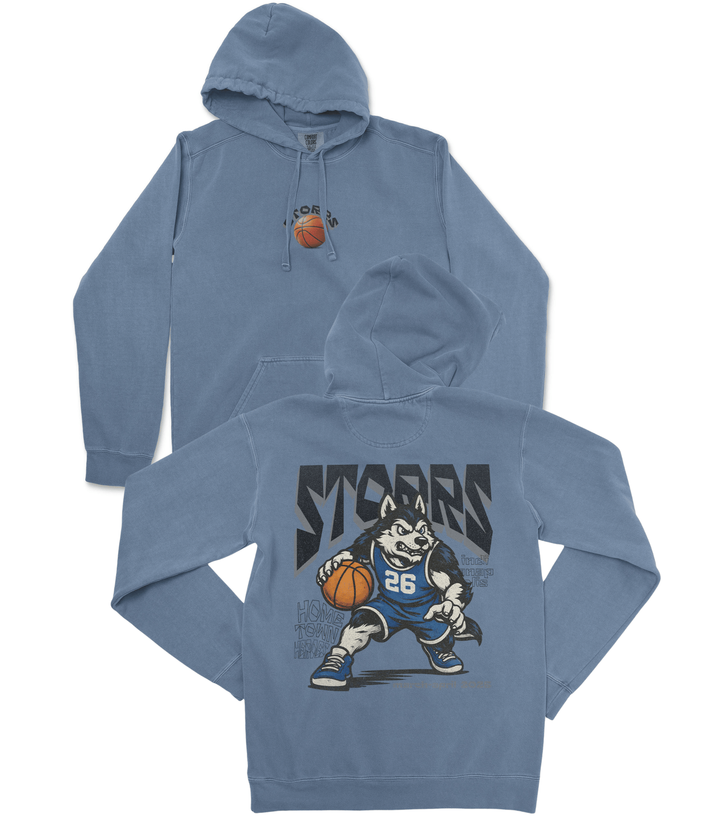 Blue hoodie with basketball graphic on a white background