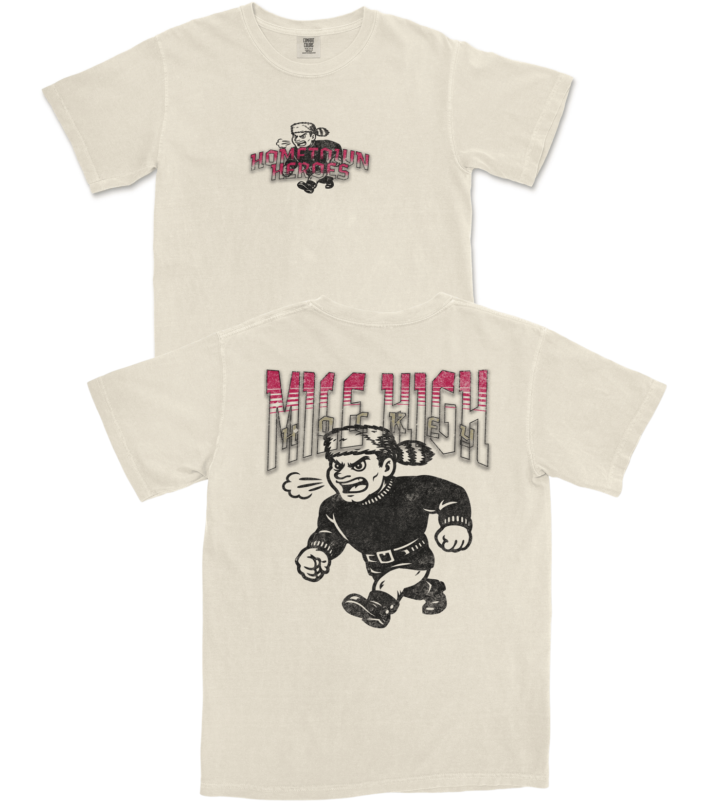 Two cream-colored t-shirts with graphic designs on a white background