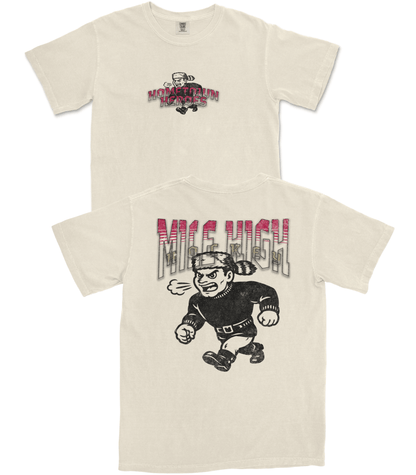 Two cream-colored t-shirts with graphic designs on a white background