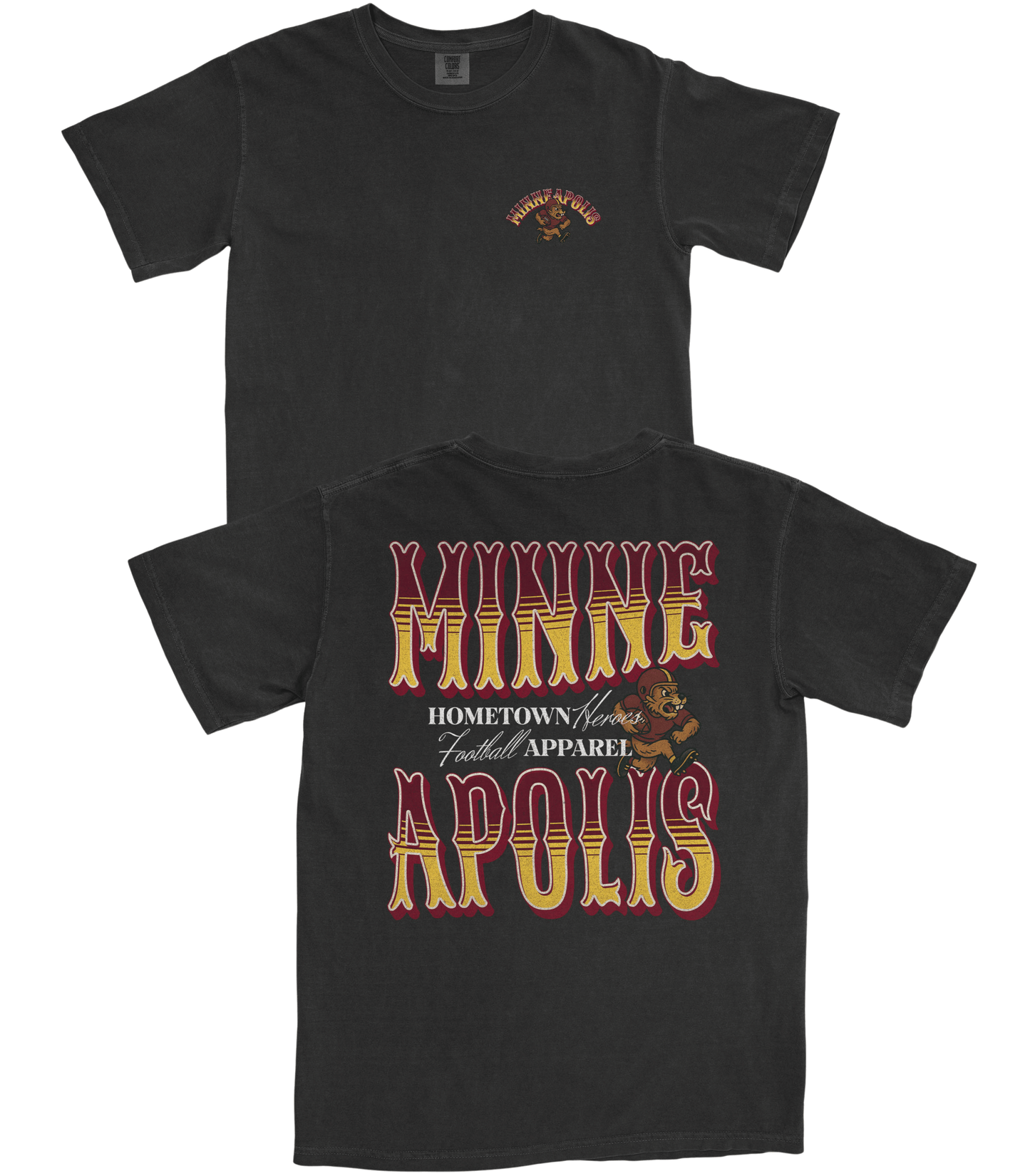 Black t-shirt with 'Minne Apolis' text and graphics on a white background