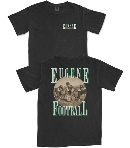 Black t-shirt with 'Eugene Football' design on a white background