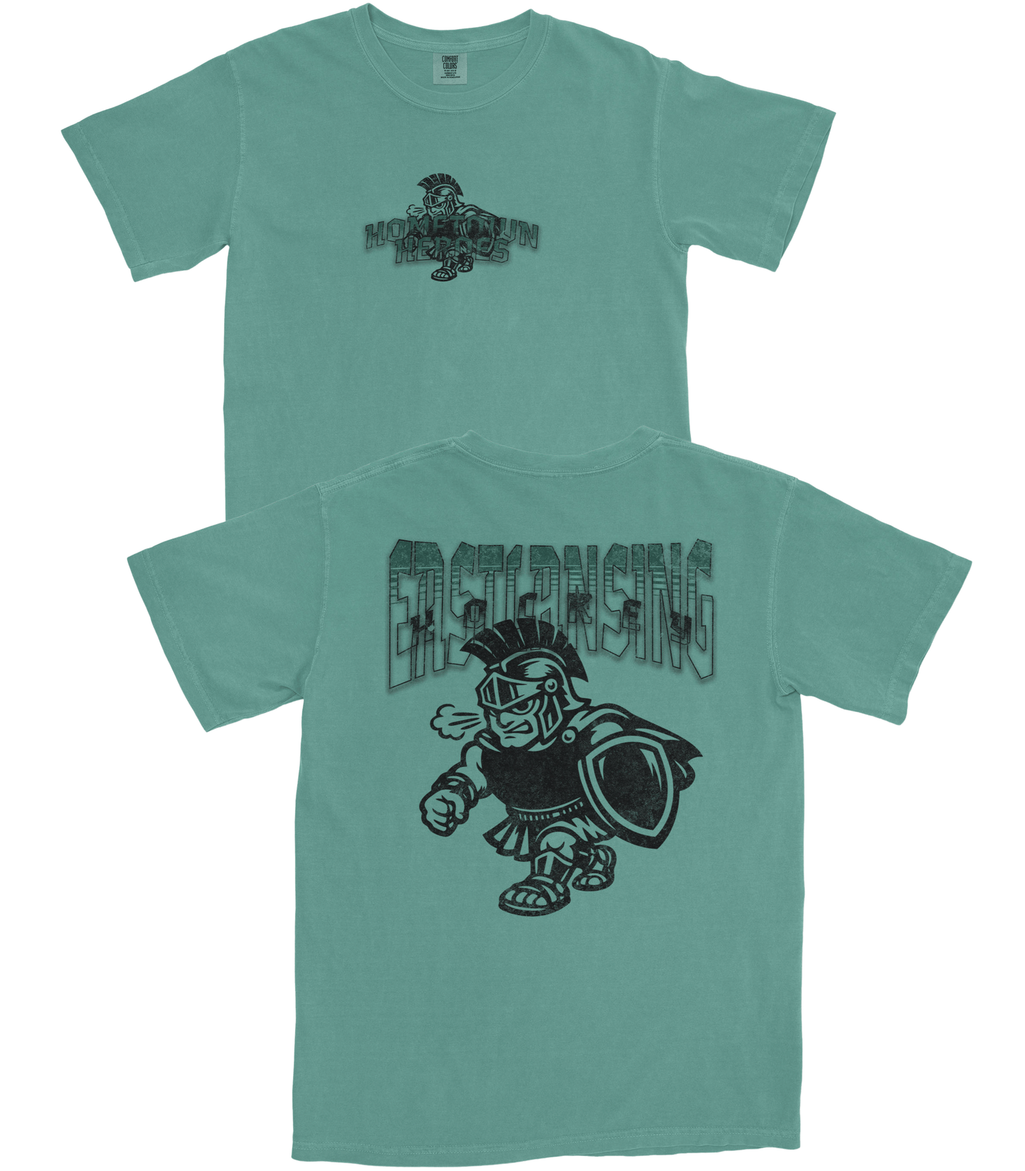 Two teal t-shirts with black graphics and text on a white background