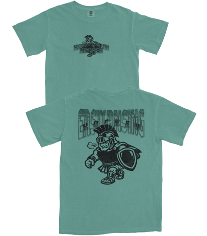 Two teal t-shirts with black graphics and text on a white background