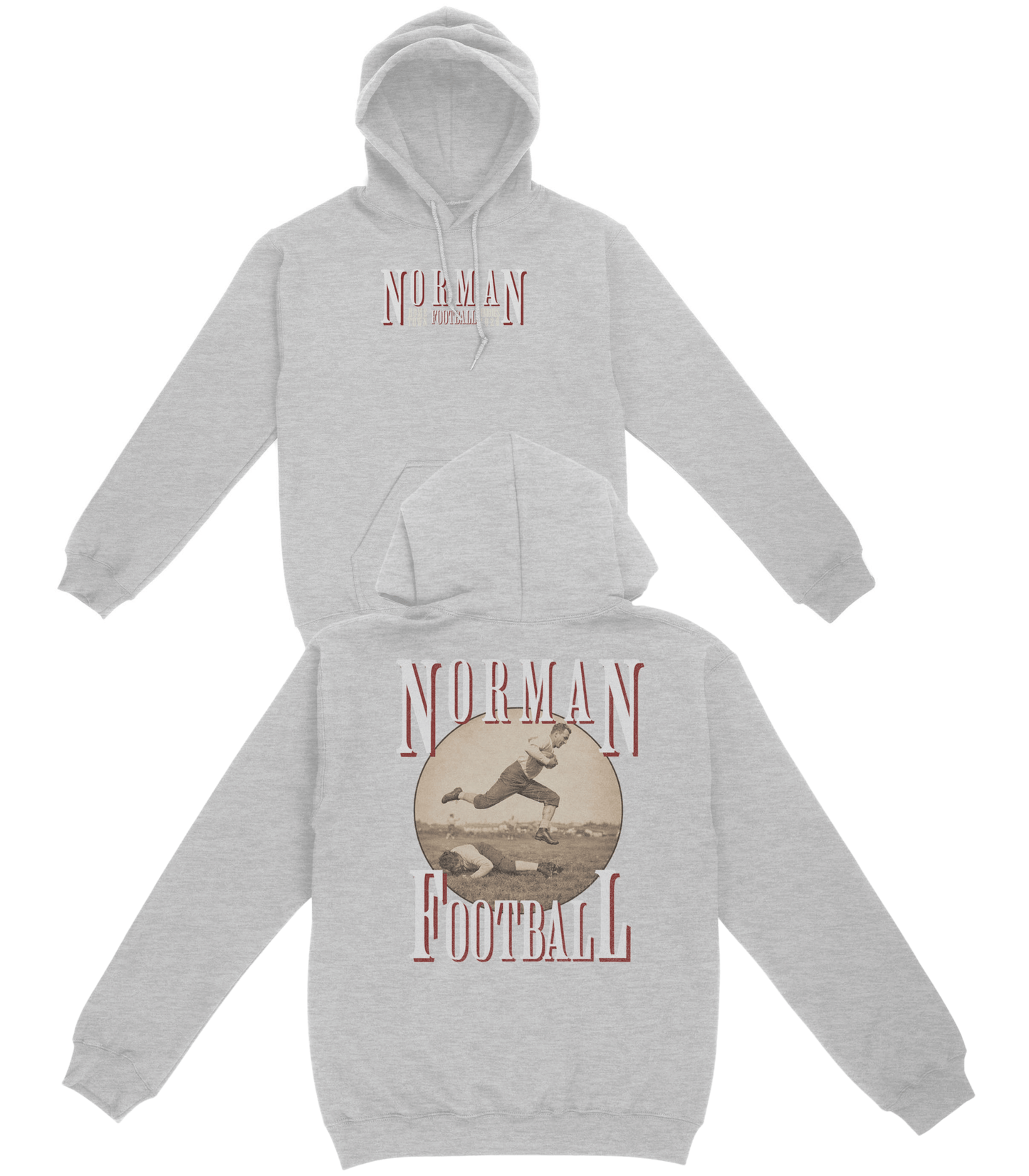 Gray hoodie with 'Norman Football' design on a white background